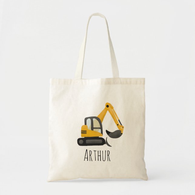 Kids Yellow Construction Digger and Name Boys Tote Bag (Front)