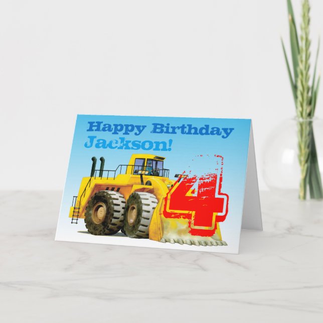 Kid's Yellow Digger 4th Birthday Card (Front)