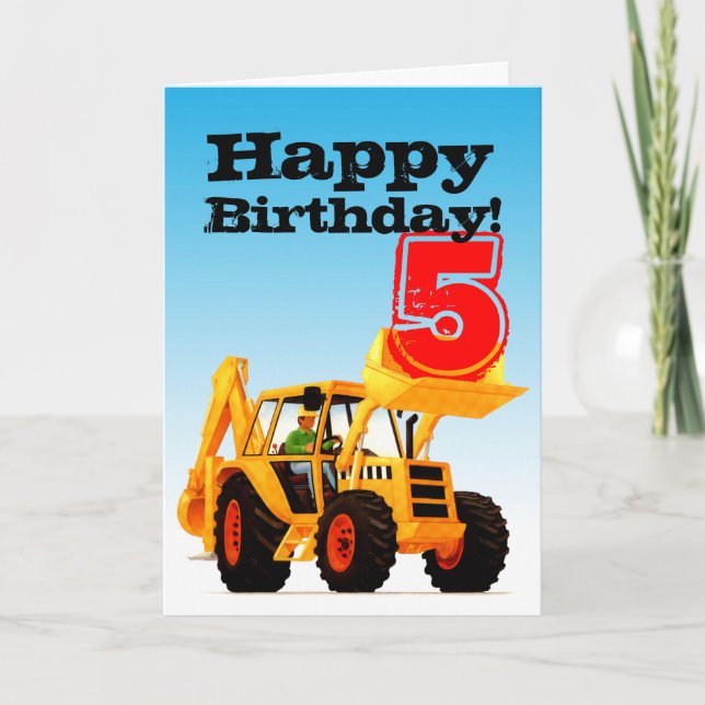 Kids Yellow Digger 5th Birthday Card (Front)