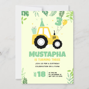 Kids Yellow Farm Tractor 3rd Birthday Party Magnetic Invitation