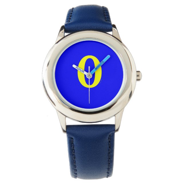 Kids Yellow Number 0 Blue Bezel Wrist Watch (Front)