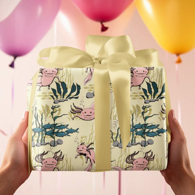 Kids Yellow & Pink Underwater Axolotl Drawing Wrapping Paper (Cute Axolotl Underwater Pattern with Hand Drawn Adorable Pink Axolotl and Fish on Yellow Background.)