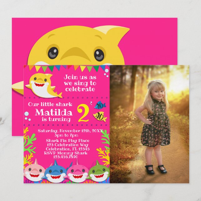 Kids Yellow Rainbow Shark Birthday Photo Invitatio Invitation (Front/Back)