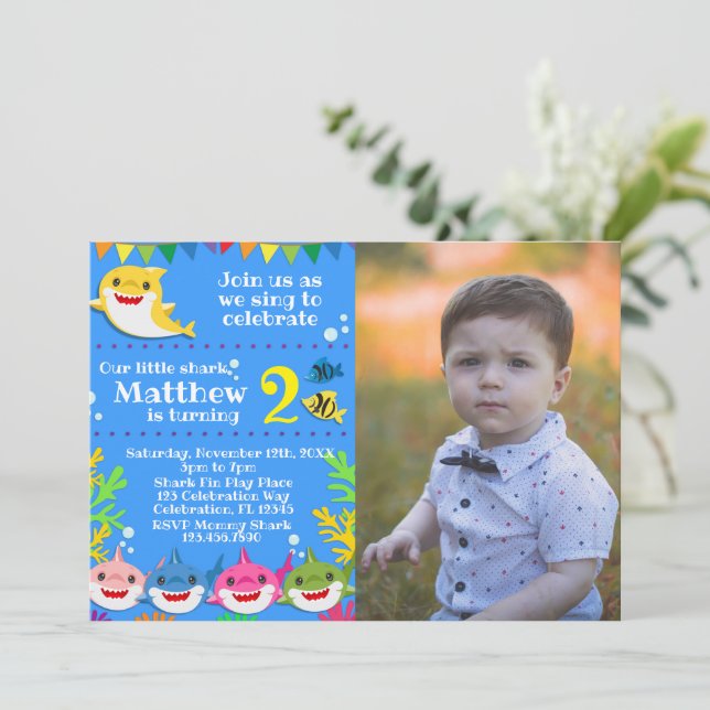Kids Yellow Shark Birthday Photo Invitation (Standing Front)