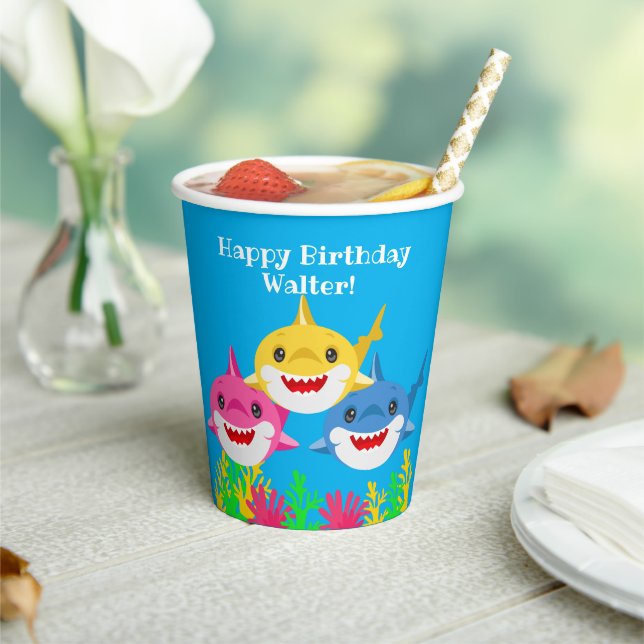 Kids Yellow Shark & Family Birthday Celebration Paper Cups (Insitu)