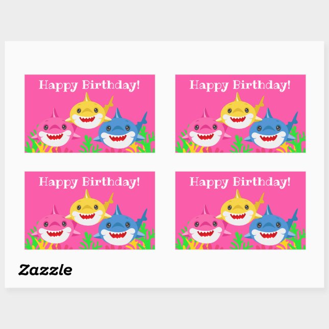 Kids Yellow Shark & Family Birthday  Rectangular Sticker (Sheet)