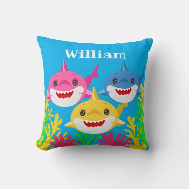 Kids Yellow Shark & Family Personalised Cushion (Front)