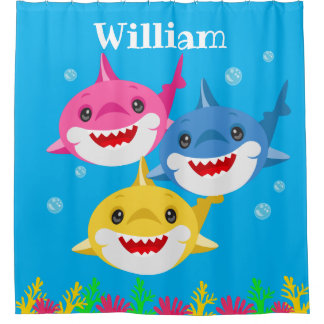 Kids Yellow Shark & Family Personalised Shower Curtain