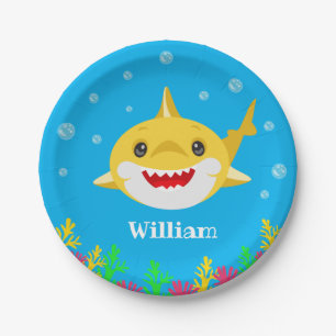 Kids Yellow Shark Personalised Birthday Paper Plate