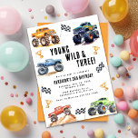 Kids Young Wild And Three Monster Trucks Invitation<br><div class="desc">Attention all little party animals! Get ready to rev up the fun with our Young Wild And Three 3rd Birthday Kids Monster Car Trucks Invitation. Adorned with adorable and vibrant monster car trucks, this modern typography script invites you to join in on the celebration. Let's roar into the third year...</div>