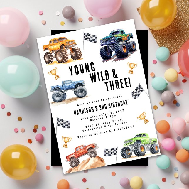 Kids Young Wild And Three Monster Trucks Invitation (Creator Uploaded)