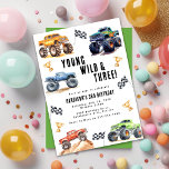 Kids Young Wild And Three Monster Trucks Invitation<br><div class="desc">Attention all little party animals! Get ready to rev up the fun with our Young Wild And Three 3rd Birthday Kids Monster Car Trucks Invitation. Adorned with adorable and vibrant monster car trucks, this modern typography script invites you to join in on the celebration. Let's roar into the third year...</div>