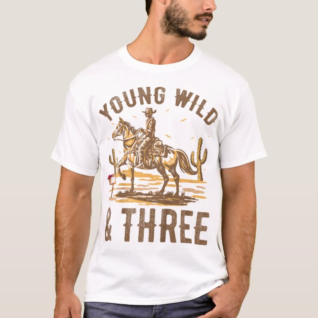 Kids Young Wild And Three Years Old Cowboy Western T-Shirt (Front)
