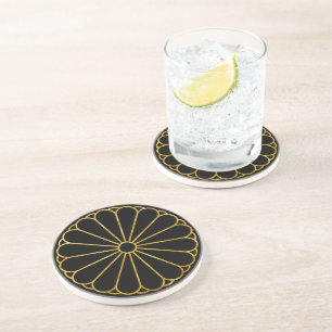 Kiku Chrysanthemum Mon faux gold black Coaster