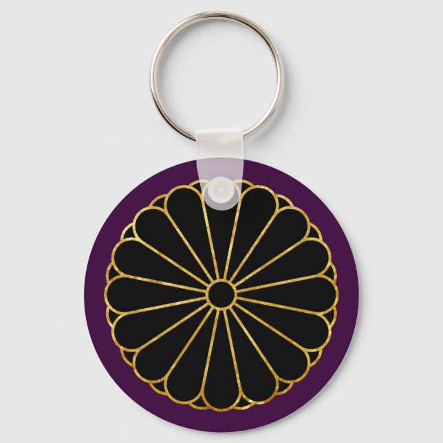Kiku Chrysanthemum Mon in faux gold on purple Key Ring (Front)