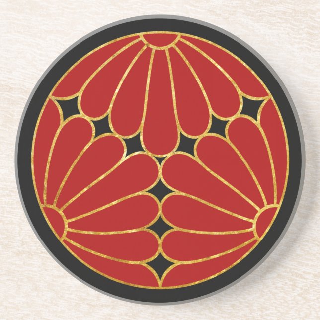 Kiku Chrysanthemum Mon red faux gold on black Coaster (Front)