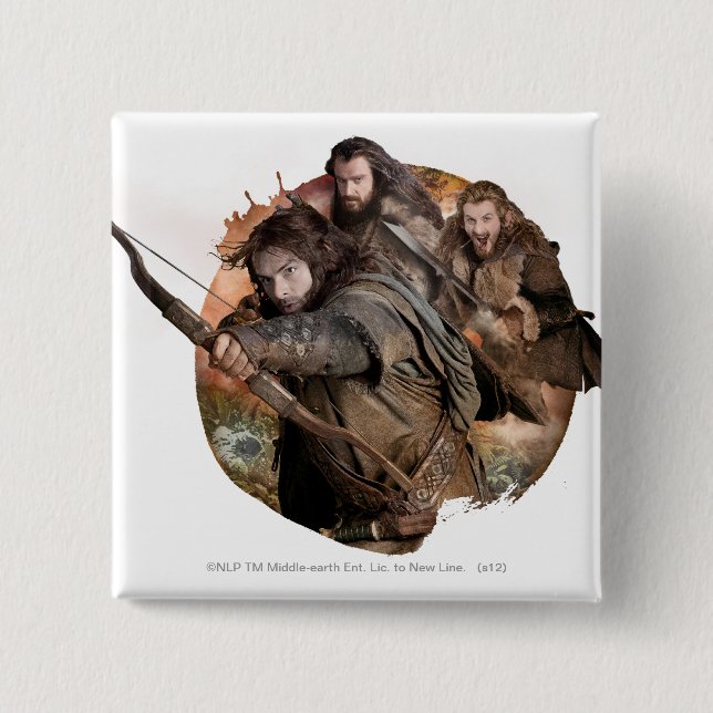 Kili, THORIN OAKENSHIELD™, and Fili 15 Cm Square Badge (Front)