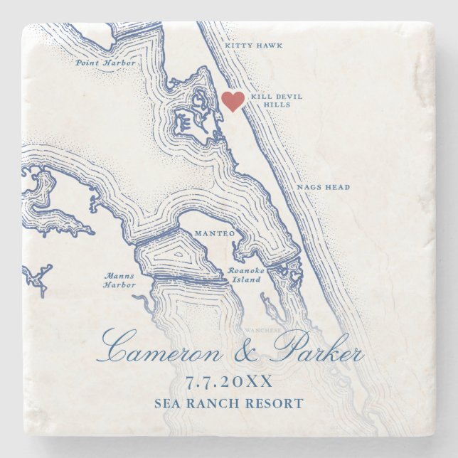 Kill Devil Hills Map OBX Navy Blue Wedding Favour Stone Coaster (Front)