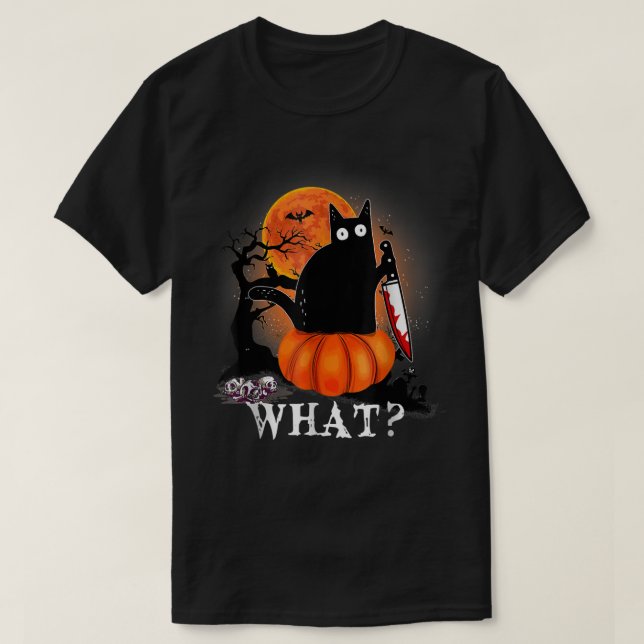 Killer Halloween Scary Moon Black Cat With Knife P T-Shirt (Design Front)