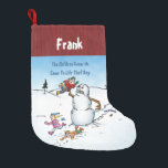 Killer Snowman Funny Cartoon Small Christmas Stocking<br><div class="desc">Cute and adorable. If you want a gift that is neither of those, this is a good choice. Features a funny cartoon of a scary snowman come to life and chasing children across a snowy winter wonderland. Personalzie it with your name or a friend's name for a custom gift. Available...</div>