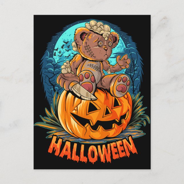 Killer Teddy Bear Halloween Jack-o-lantern Postcard (Front)