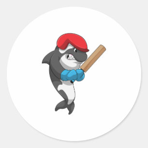 Killer whale at Cricket with Cricket bat Classic Round Sticker