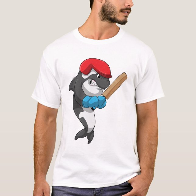 Killer whale at Cricket with Cricket bat T-Shirt (Front)