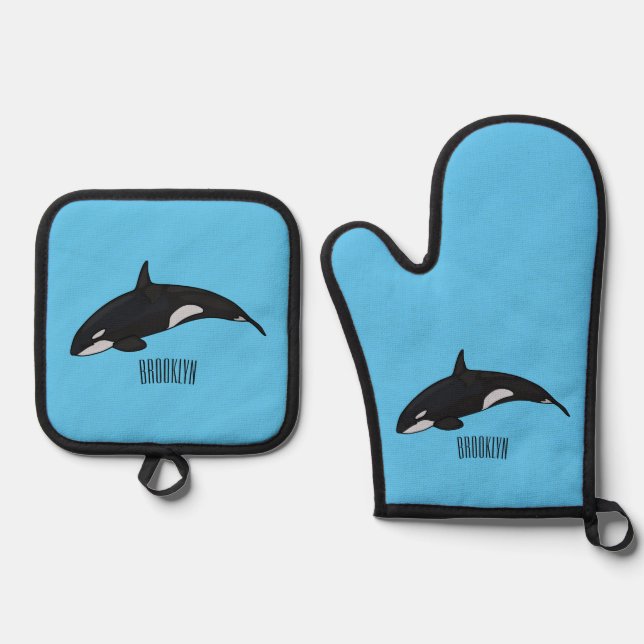 Killer whale cartoon illustration oven mitt & pot holder set (Front)