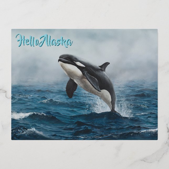 Killer Whale Jumping in Wild Ocean Orca Breaching Foil Holiday Postcard (Front)