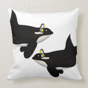 Killer Whale Listening To music Yellow Headphones Cushion