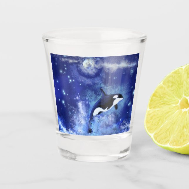 Killer Whale on Blue Full Moon Shot Glass (Front)