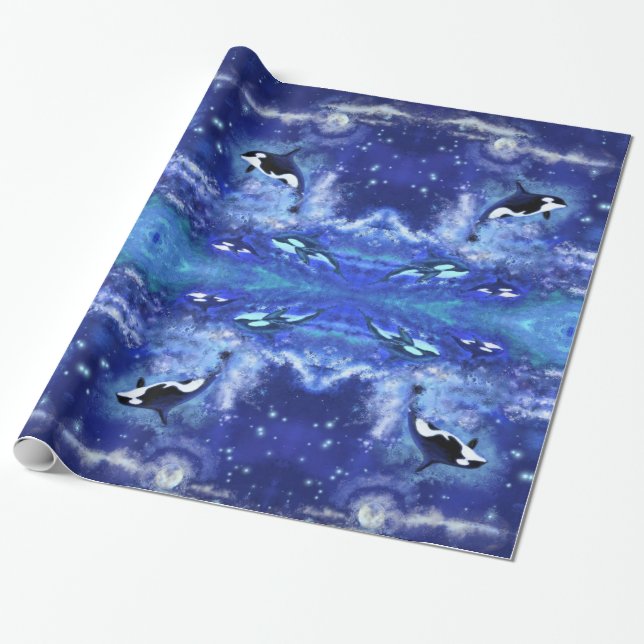 Killer Whale on Blue Full Moon Wrapping Paper (Unrolled)