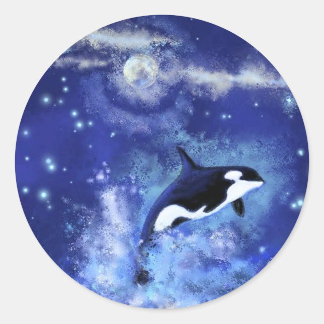 Killer Whale on Full Moon - Art Drawing Classic Round Sticker (Front)