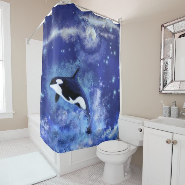 Killer Whale on Full Moon Blue Shower Curtain (In Situ)