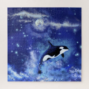 Killer Whale Swimming on Full Moon - Drawing Art Jigsaw Puzzle