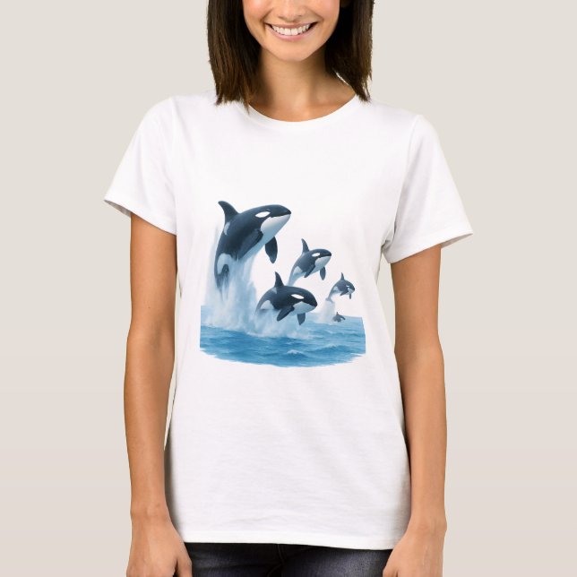 Killer Whales Breaching from Light Blue Ocean T-Shirt (Front)