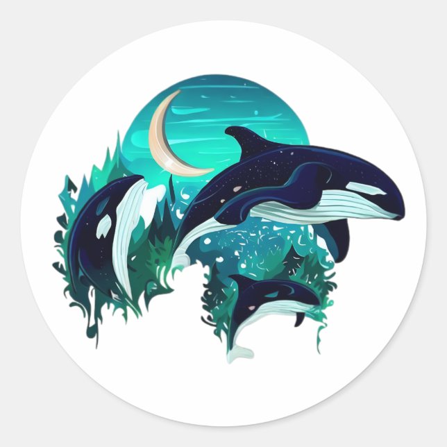 Killer Whales Cool Blue Nature Illustration Classic Round Sticker (Front)
