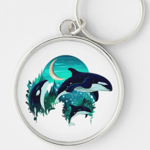 Killer Whales Cool Blue Nature Illustration Key Ring