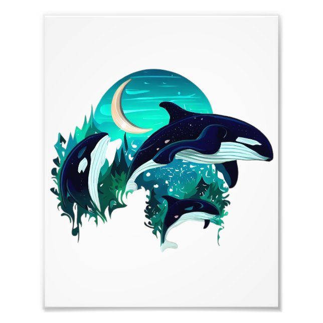  Killer Whales Cool Blue Nature Illustration Photo Print (Front)