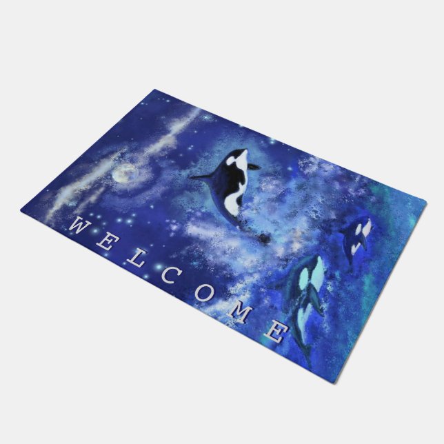 Killer Whales Doormat Blue Full Moon Night (Angled)