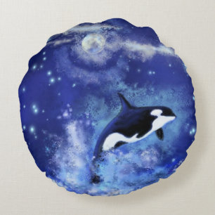 Killer Whales In Blue Full Moon Round Pillow