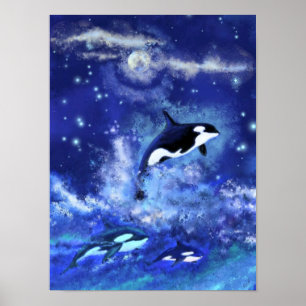 Killer Whales on Blue Full Moon Poster Painting