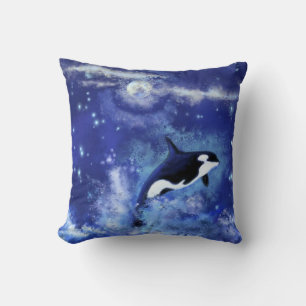 Killer Whales on Full Moon - Art Drawing - Blue Cushion