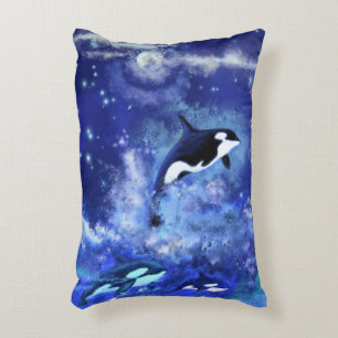 Killer Whales on Full Moon - Art Drawing - Blue Decorative Cushion