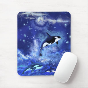 Killer Whales on Full Moon - Art Drawing - Blue Mouse Mat