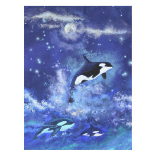 Killer Whales on Full Moon - Art Drawing - Blue Tablecloth