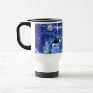 Killer Whales on Full Moon - Art Drawing - Blue Travel Mug