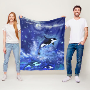 Killer Whales on Full Moon - Art Drawing Fleece Blanket