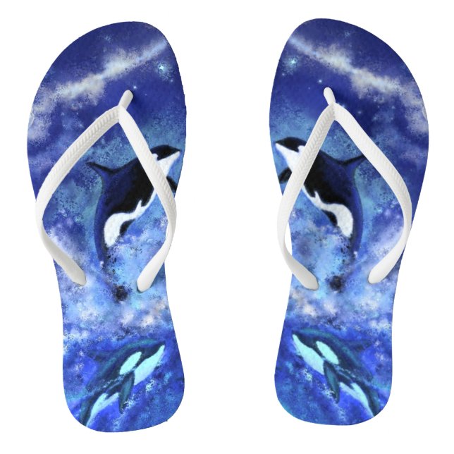 Killer Whales on Full Moon Blue Flip Flops (Footbed)