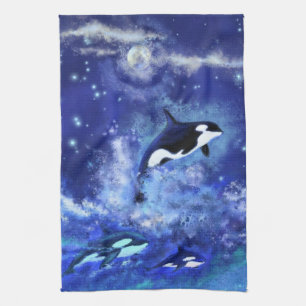Killer Whales on Full Moon Blue Kitchen Towel